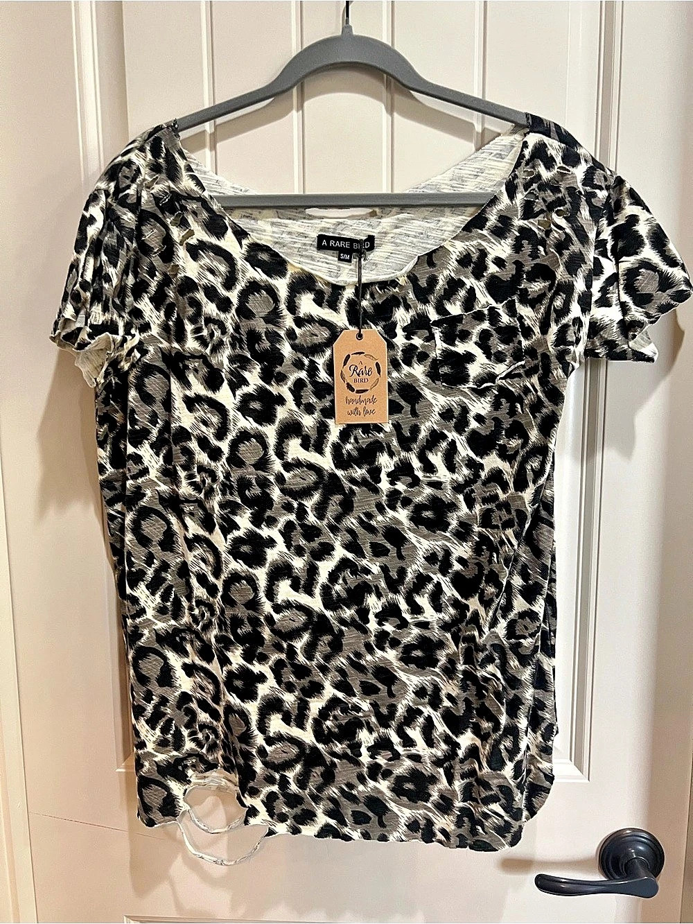 A Rare Bird Leopard Print Distressed Tee S/M NWT Handmade